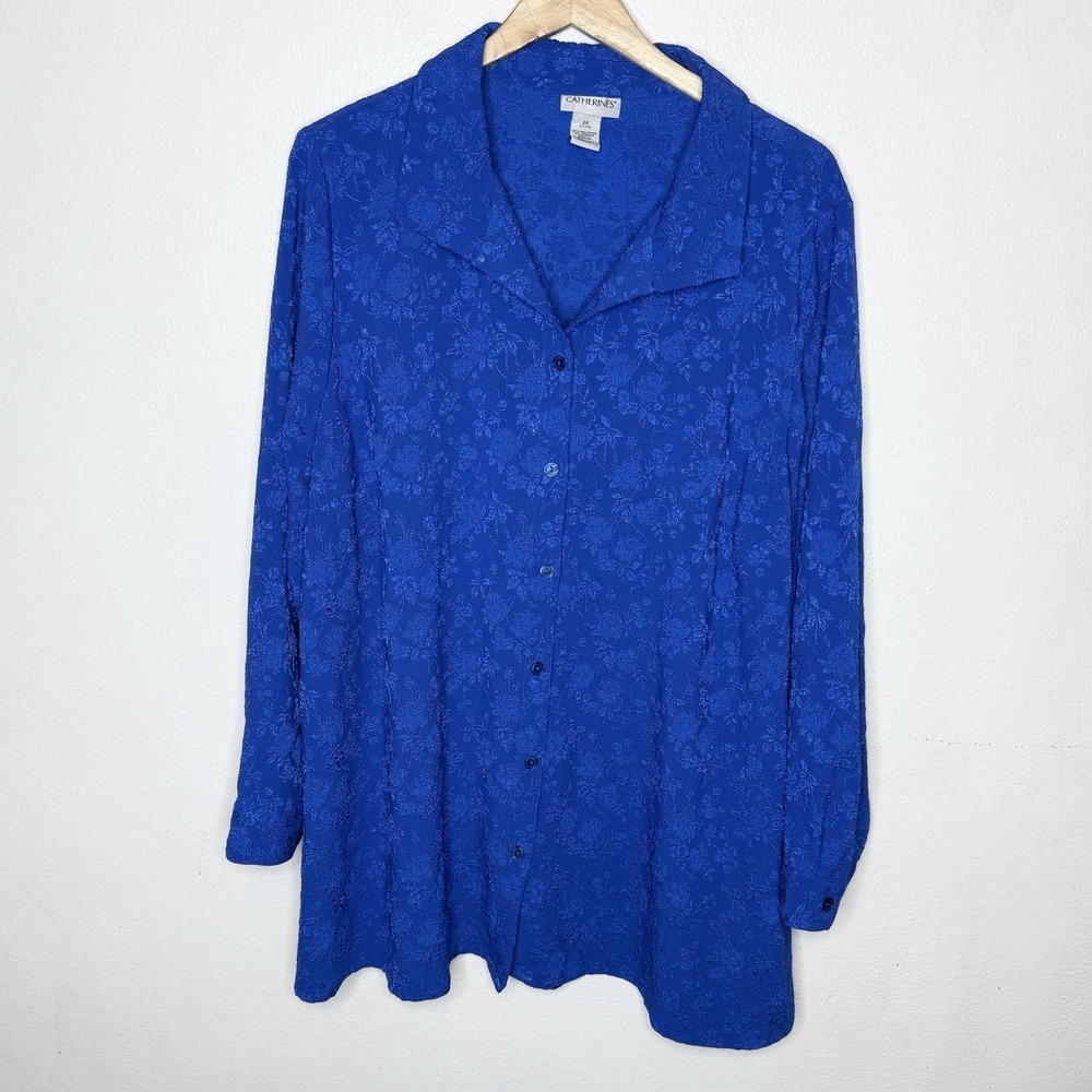 Catherines Blue Embroidered Collared Button Front Shirt Womens 2X